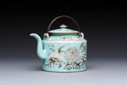 A Chinese grisaille turquoise-ground Dayazhai-style teapot and cover, Guangxu mark and of the period
