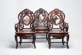 A set of three Chinese marble-inset hongmu chairs, 19th C.