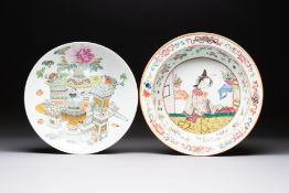 A Chinese famille rose 'Elegant Beauty' basin and a qianjiang cai 'Antiquities' dish, Guangxu mark,