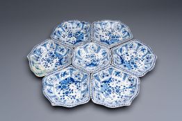 A blue and white Dutch Delft seven-piece sweetmeat dish set, 19th C.