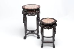 Two Chinese marble-topped hongmu stands, 19th C.