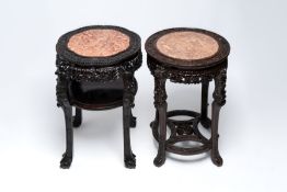 Two Chinese marble-topped hongmu two-tier stands, 19/20th C.