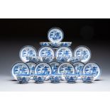 A set of 12 Chinese blue and white 'Landscape' bowls and saucers, Qianlong/Jiaqing