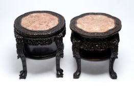 Two Chinese marble-topped hongmu two-tier stands, 19/20th C.