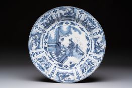 A large blue and white Dutch Delft chinoiserie dish, late 17th C.