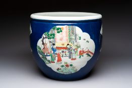 A Chinese famille verte blue-ground fishbowl with narrative design, 19th C.