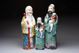 Three Chinese famille rose figures of the star gods, Mao Ji Sheng and You Long Sheng mark, 19/20th C
