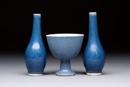 A pair of Chinese blue-glazed 'Hatcher Cargo' vases with incised dragons and a stem cup, Transitiona