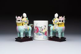 A pair of Chinese famille rose models of a boy riding a qilin and a bitong, 19/20th C.