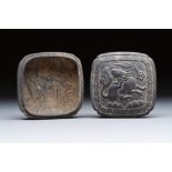 A Chinese carved black pottery 'Mythical Animal' box and cover, Yuan/Ming