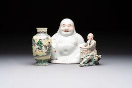 A Chinese verte biscuit vase, a sculpture of a fisherman and a Milefo Buddha, You Lin Ji and Zhu Mao