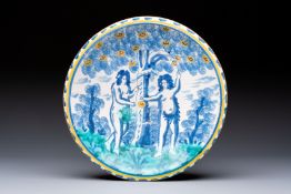 A polychrome English Delftware 'Adam and Eve in the Garden of Eden' dish, 17th C.