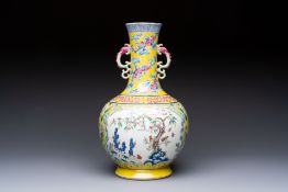 A Chinese famille rose yellow-ground 'Bats and Peaches' bottle vase, Jiaqing/Daoguang