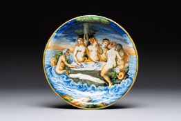 A fine Italian maiolica 'Triumph of the Sea Gods' dish, probably workshop of Orazio Fontana, Urbino,