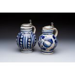 Two Westerwald tankards with mounted pewter lids, one lid dated 1757, Germany, 18th C.