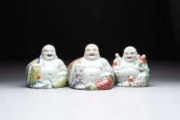 Three Chinese famille rose Milefo Buddhas, Zhu Mao Ji marks, 20th C.