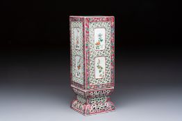 A fine Chinese famille rose reticulated square lantern with a stand, 19th C.
