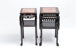 Two Chinese marble-topped hongmu two-tier square stands, 19/20th C.