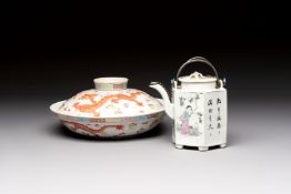 A Chinese famille rose covered 'Dragon' bowl and a teapot, Guangxu and Wang Yongshun mark, 19/20th C