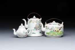 Two Chinese famille rose covered teapots and a qianjiang cai covered teapot, signed Wang Shaowei, 19