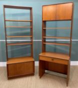 TWO MID-CENTURY G-PLAN FORM 5 WALL UNITS, one with writing desk base, frieze drawer, one fixed shelf