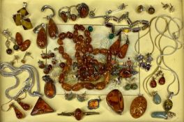 ASSORTED SILVER MOUNTED AMBER JEWELLERY, including bracelets, necklaces and pendants, bead necklace,