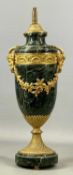 LOUIS XVI STYLE GREEN MARBLE & ORMOLU MOUNTED TABLE LAMP, urn shape, with goats mask side handles