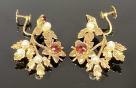 PAIR OF 9CT GOLD FLORAL DROP EARRINGS, set with seed pearl and garnets, clip on, 6.9gms