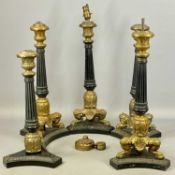 FOUR FRENCH NEOCLASSICAL STYLE TABLE LAMPS, with partially gilded columns, on trefoil bases,