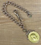 GEORGE V 1915 GOLD SOVEREIGN mounted as a charm, on 9ct rose gold curb link bracelet with spring