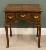 GEORGIAN WALNUT LOWBOY with shaped apron, on turned supports, 76 (h) x 68 (w) x 48cms (d)