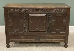 JACOBEAN CARVED OAK MULE CHEST, 82 (h) x 124 (w) x 52cms (d) Provenance: private collection Conwy