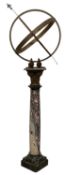 ARMILLARY SPHERE on marble column, with stepped square base, 214 (h) x 65 (w) x 61cms (d)