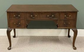 WARING & GILLOW MAHOGANY KNEEHOLE DESK with cabriole supports and pad feet, 77 (h) x 132 (w) x 58cms