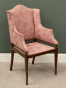 VICTORIAN UPHOLSTERED MAHOGANY EASY CHAIR, classically upholstered, on inlaid tapered supports,