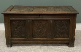 19TH CENTURY CARVED THREE PANEL COFFER CHEST, 70 (h) x 136 (w) x 58cms (d) Provenance: private