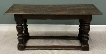 18TH CENTURY OAK THREE-PLANK REFECTORY TABLE, on turned supports, 79 (h) x 170 (w) x 63cms (d)