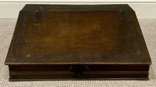 19TH CENTURY CARVED OAK WRITING SLOPE with fitted interior, 24 (h) x 67 (w) x 54cms (d)