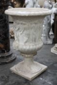 LARGE MOULDED PLASTER CLASSICAL URN, decorated with figures above socle stem and square plinth base,
