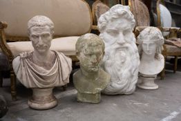FOUR DECORATIVE SCULPTURES AFTER THE ANTIQUE, various materials, including 'Julius Caesar', '