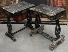 THREE CHINESE GOLD & BLACK LACQUER TABLES, comprising two work tables one with bag, and games table,