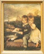 19TH C. BRITISH SCHOOL oil on canvas – infant artist and sister in landscape, unsigned, 55 x 44cms
