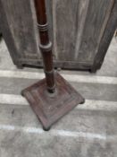 19TH C. OAK HAT STAND, simulated bamboo pole supports on stepped square base, sphere finial, brass