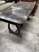 BLACK & GOLD JAPANNED LIBRARY TABLE, chinoiserie decorated top on lyre end supports joined by turned