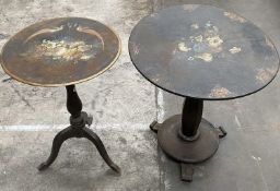 TWO VICTORIAN PAPIER-MÂCHÉ TRIPOD TABLES, each 72cms (h) Comments: decoration worn, one with