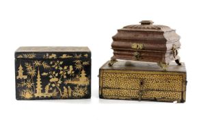 THREE 19TH C. BOXES, comprising Chinese black and gold lacquer work box, Chinese black and gold