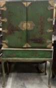 17TH C. STYLE GREEN & GILT JAPANNED CABINET ON STAND, pierced gilt brass mounts, raised