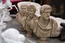 THREE DECORATIVE BUSTS OF ROMAN EMPERORS AFTER THE ANTIQUE, including 'Septimus Severus' and '