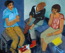 CLAUDIA WILLIAMS oil on canvas - entitled verso 'In the Shoe Shop', signed with initials, fully