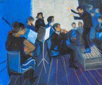 CLAUDIA WILLIAMS oil on canvas - orchestra, conductor and audience, unsigned, 38 x 46cms